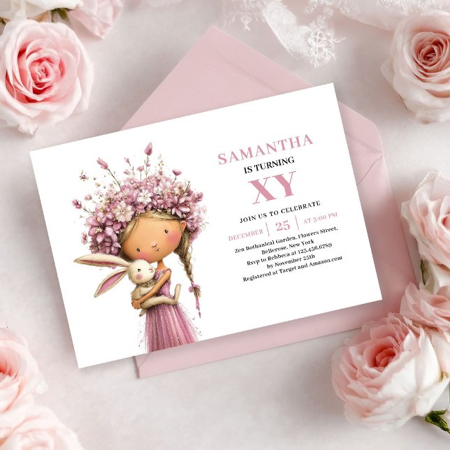 Convite Floral Cor-de-Rosa para o 4º Aniversário d (Whimsy Fairy Girl 4th Birthday Blush Floral invitation)
