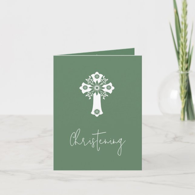 Convite Floral Cross Christening Fern Green (Frente)