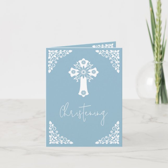 Convite Floral Cross Christening Sky Blue (Frente)