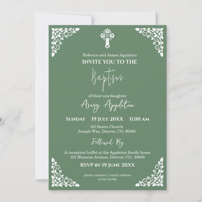 Convite Floral Cruz Baptism Fern Green (Frente)