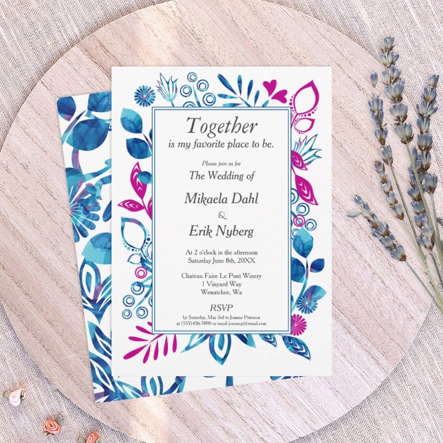 Convite Floral Crystal Blue e Magenta (blue and pink, royal blue and magenta floral wedding invitations, floral frame border)