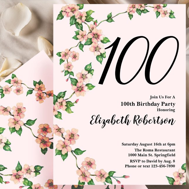 Convite Floral de 100º Aniversário em Rosa Bege (Criador carregado)