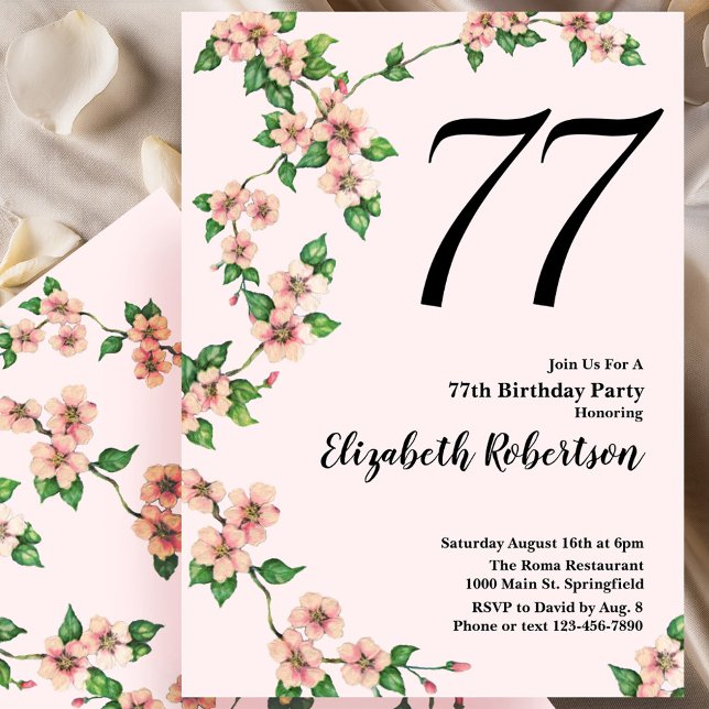 Convite Floral de 77º Aniversário em Rosa Bege (Criador carregado)