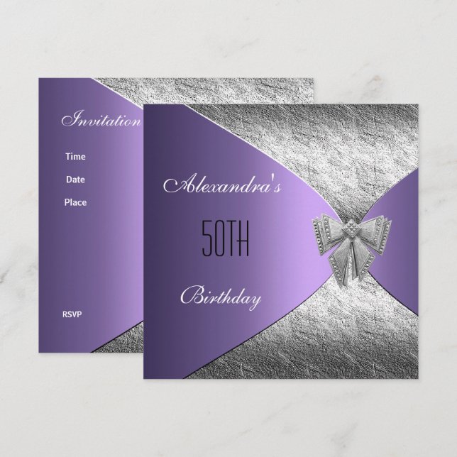Convite Floral de Aniversário de 50 anos Roxo Prat (Frente/Verso)