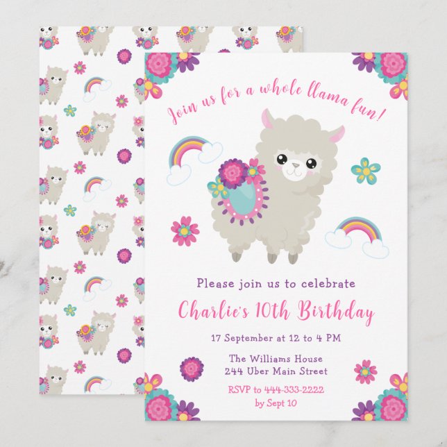Convite Floral de Aniversário de Cute Llama (Frente/Verso)