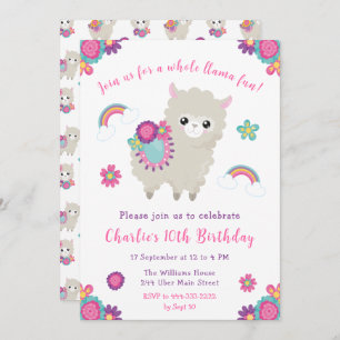 Convite Floral de Aniversário de Cute Llama