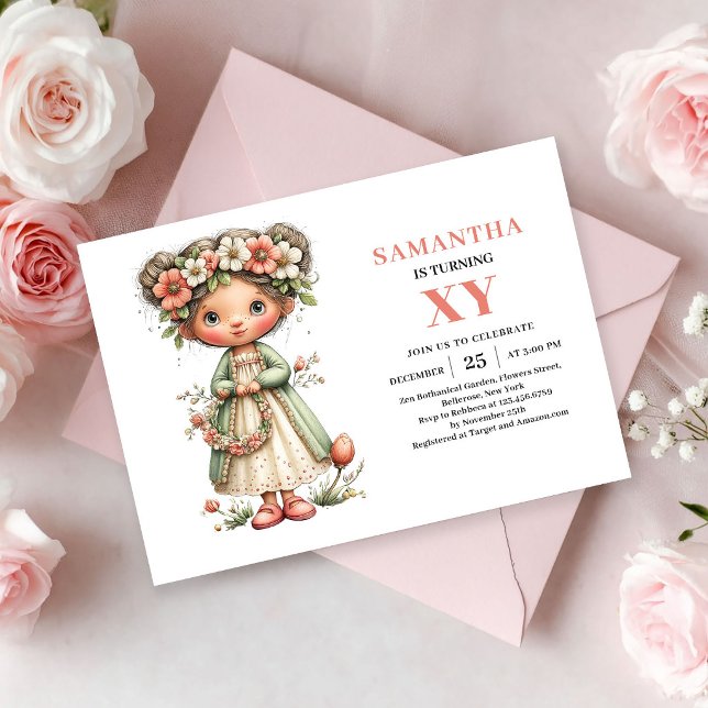 Convite Floral de Aniversário de Menina Fada Fofa  (Whimsy Cute Fairy Girl Birthday Floral invitation)