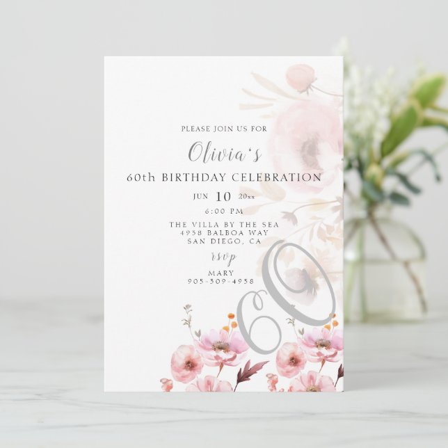 Convite Floral de Aniversário Rosa Luminescente (Em pé/Frente)