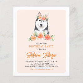 Convite Floral de Aniversário Siberian Husky Peach