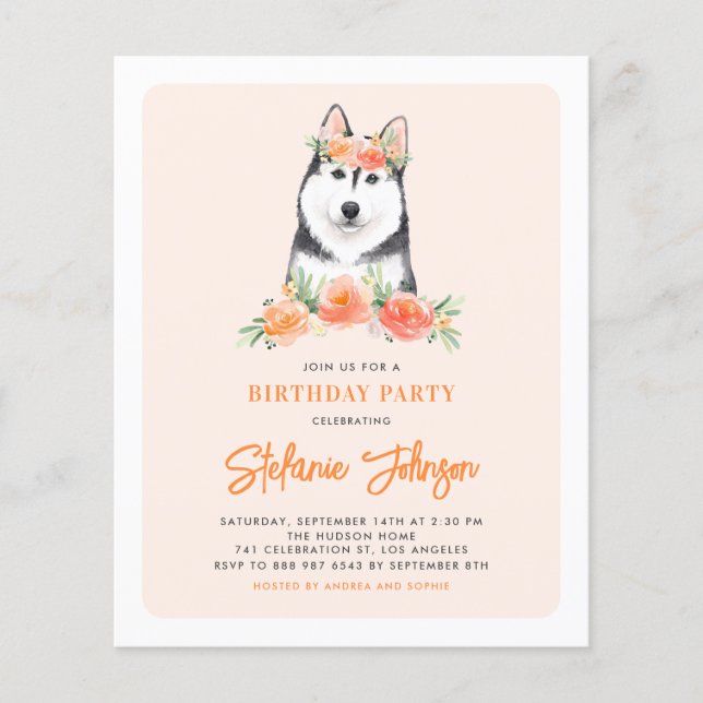Convite Floral de Aniversário Siberian Husky Peach (Frente)