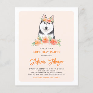 Convite Floral de Aniversário Siberian Husky Peach