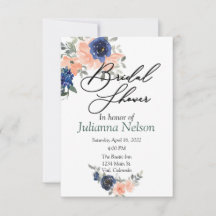 Convite floral de aquarela em tons de pêssego e az