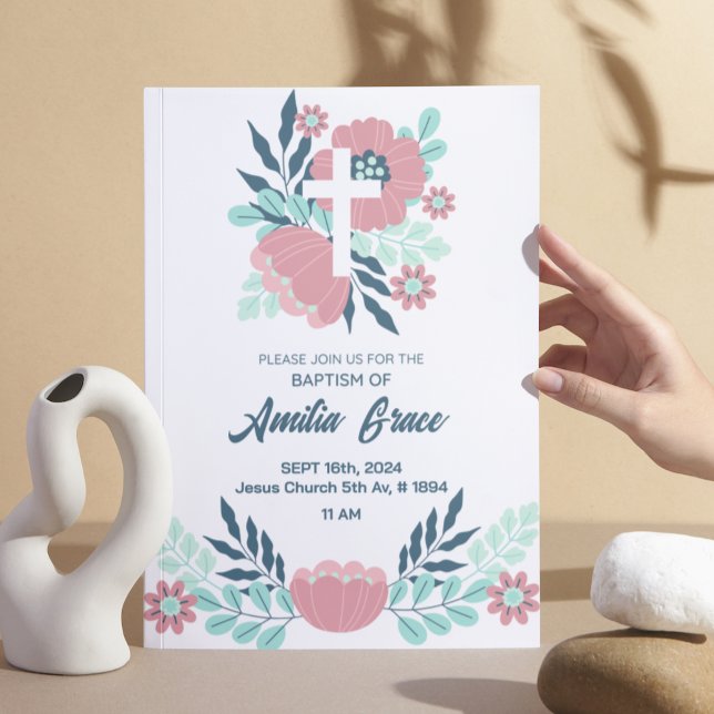 Convite Floral De Batismo Simples Retirado À Mão (Criador carregado)