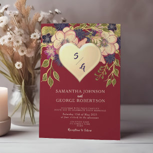 Convite Floral de Borgonha com Coração Dourado