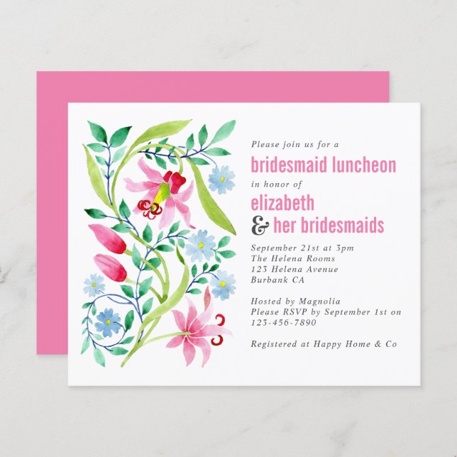 Convite Floral de Bridesmaid Luncheon, cor-de-rosa (Frente/Verso)