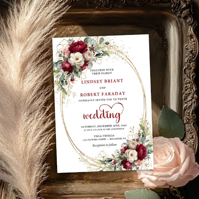 Convite Floral de Casamento Boêmio Borgonha Modern (Trendy Burgundy Bohemian Wedding Floral Invite)
