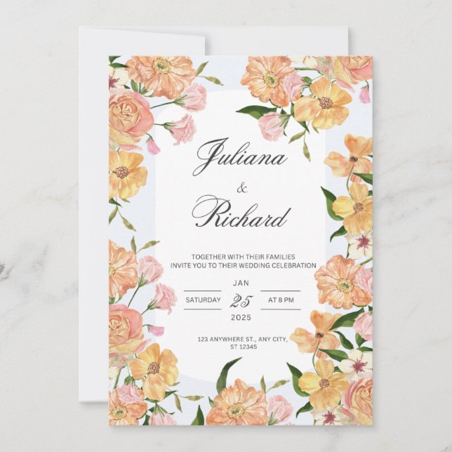 Convite Floral de Casamento Elegante Vintage (Frente)