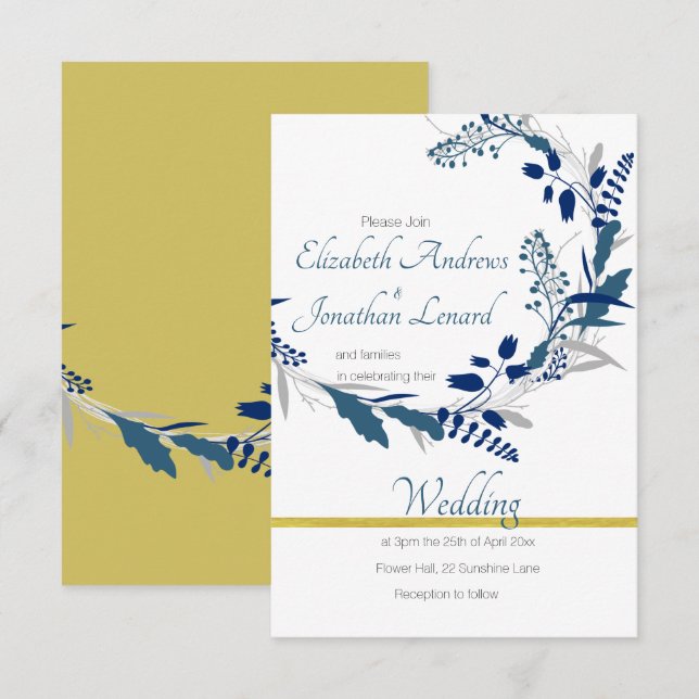 Convite Floral de Casamento em Dourado e Azul (Frente/Verso)