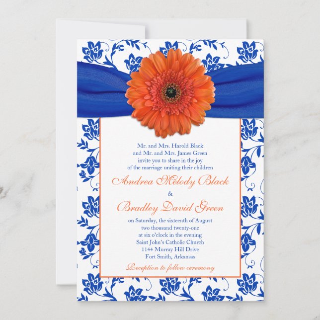 Convite Floral De Casamento Laranja Gerber Cobalt (Frente)