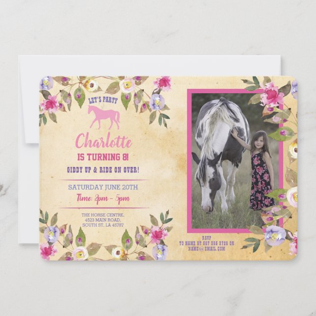 Convite Floral de Cavalos Festa Égua Rosa (Frente)