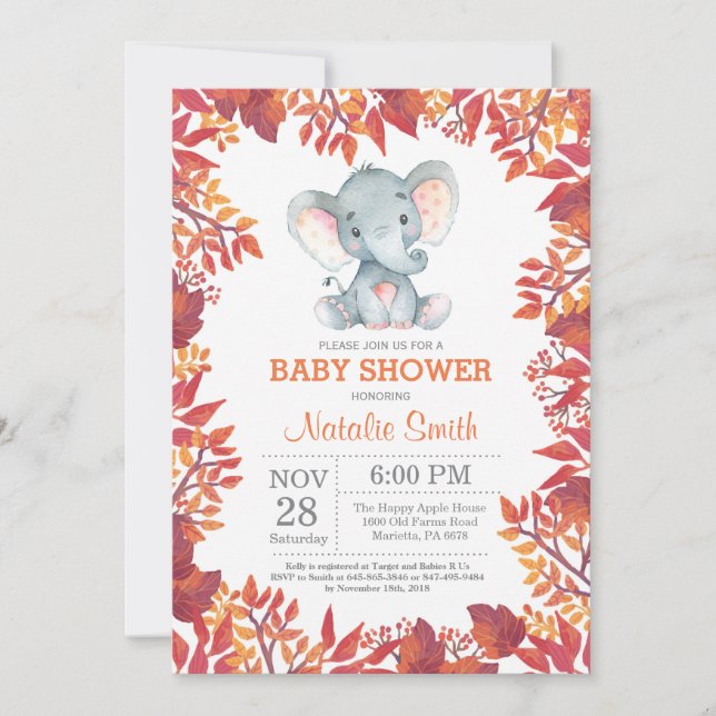Convite Floral de Chuva de Bebê Elefante Outono (Frente)