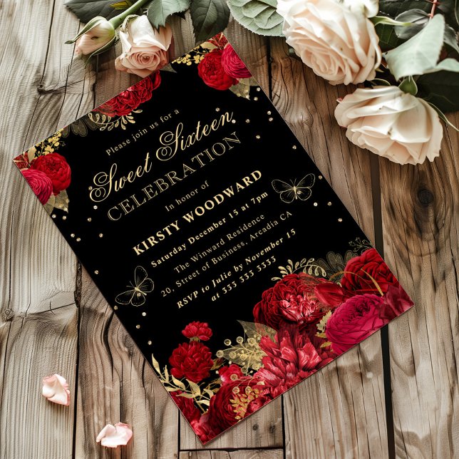 Convite Floral de Doze Anos com Rosas Vermelhas e  (Criador carregado)