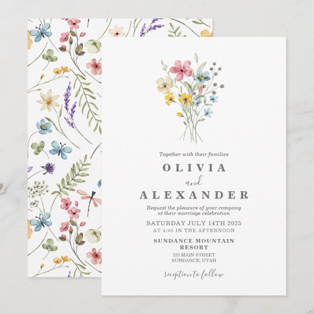 Convite floral de jardim de flores silvestres (Frente/Verso)