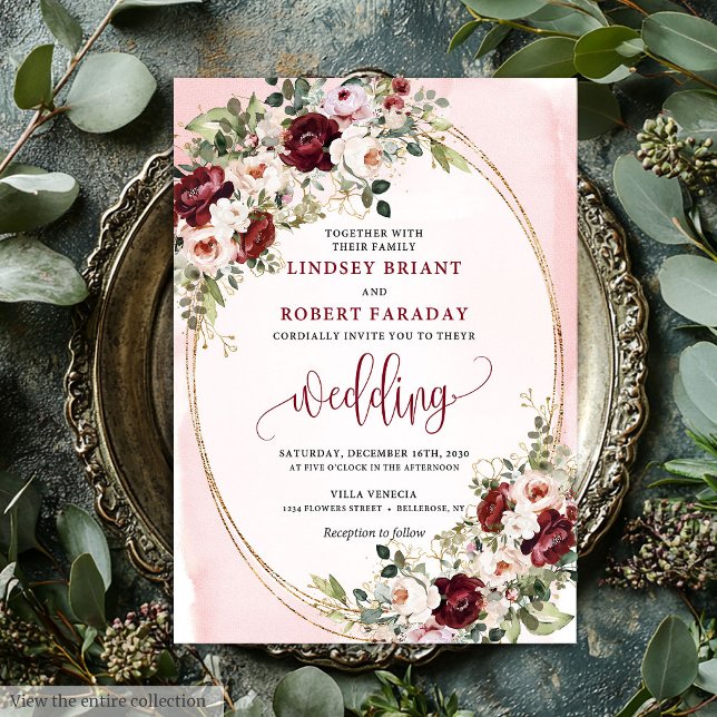 Convite Floral de Luxo Boho Burgundy Blush Dourado (Luxury Boho Burgundy Blush Gold Floral Invitation)