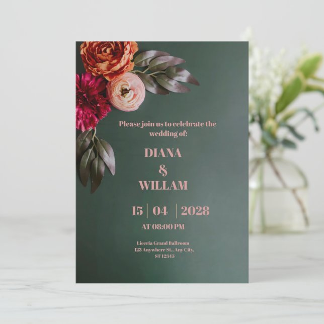 Convite Floral de Natal Elegante para Pêssegos Ver (Em pé/Frente)