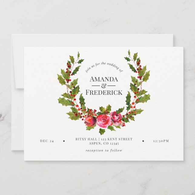 Convite Floral de Natal para Casamento com Azevinh (Frente)