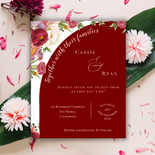 Convite Floral de Pessegueiro Vermelho de Arch Ele (Elegant Arch Red Peach Floral Wedding invitation)
