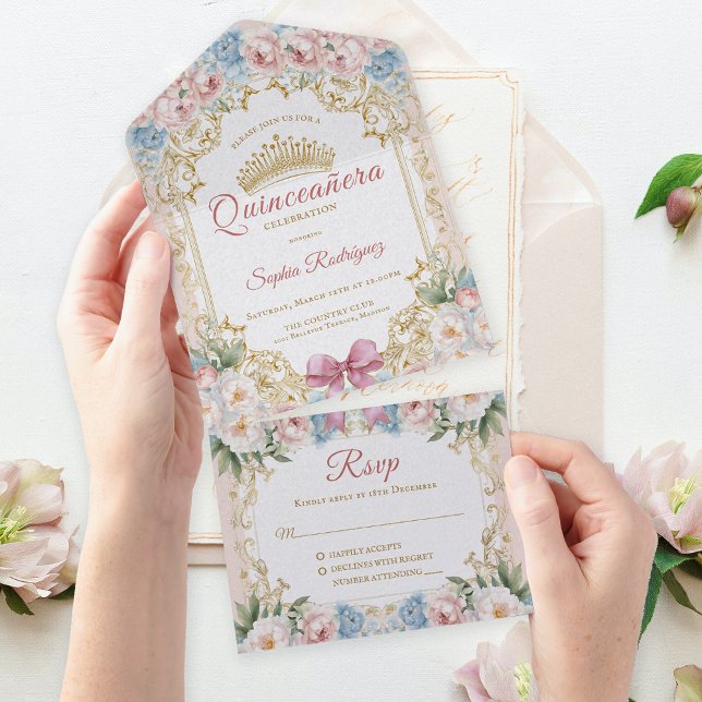 Convite Floral de Quince Anos com Laço Rosa Classu (Classy Pink Blue Floral Quinceañera All In One Invitation)