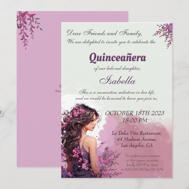 Convite floral de Quinceanera (Frente/Verso)