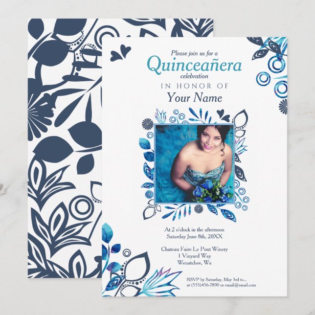 Convite Floral de Quinceañera Azul (Frente/Verso)