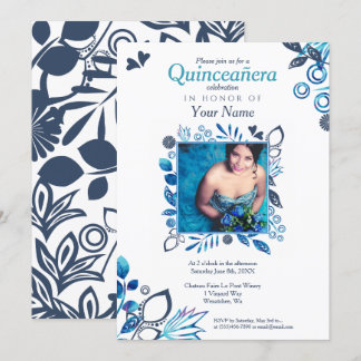 Convite Floral de Quinceañera Azul