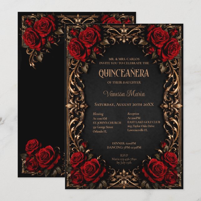 Convite Floral de Quinceanera de Halloween Gótico (Frente/Verso)