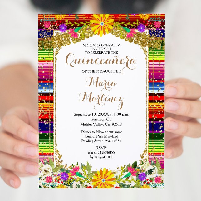 Convite Floral de Quinceañera Dourada Mexicana (Criador carregado)