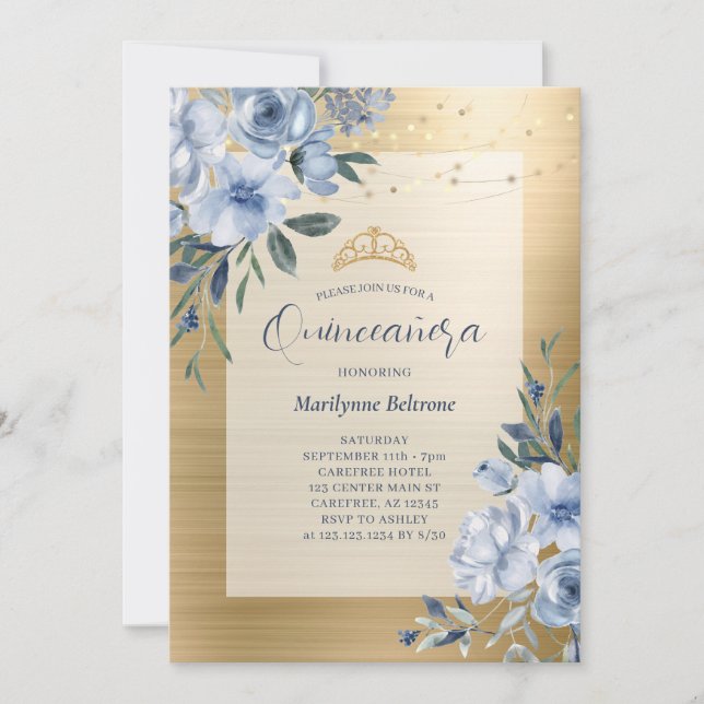 Convite Floral de Quinceañera Dourado Dusty Blue (Frente)
