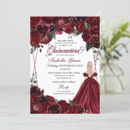 Convite Floral de Quinceanera Elegante Burgundy