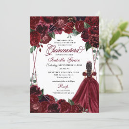 Convite Floral de Quinceanera Elegante Burgundy