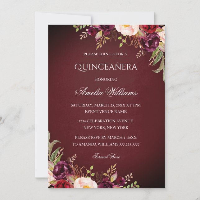 Convite Floral de Quinceanera Elegante Burgundy (Frente)