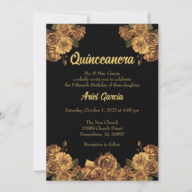 Convite Floral de Quinceanera Preto e Dourado (Frente)