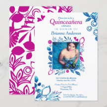 Convite Floral de Quinceañera Rosa e Azul