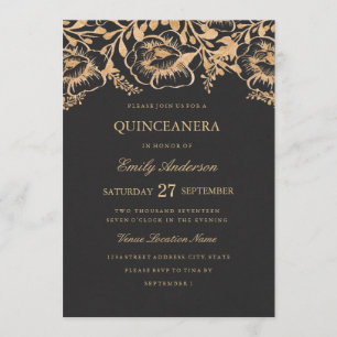 Convite Floral de Quinceanera Vintage Dourado