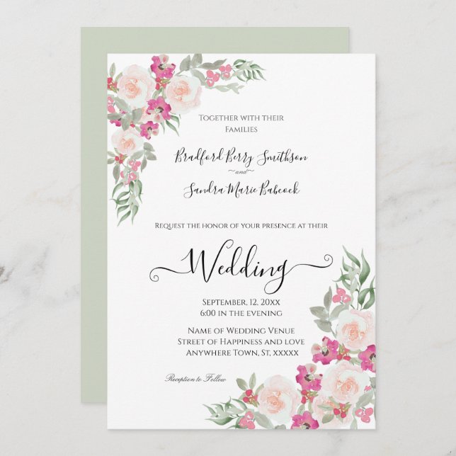 Convite Floral de Rosa e Sage Verde (Frente/Verso)