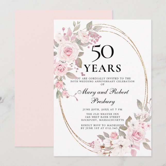 Convite Floral de Rosa Rosa Elegante 50º Aniversár (Frente/Verso)