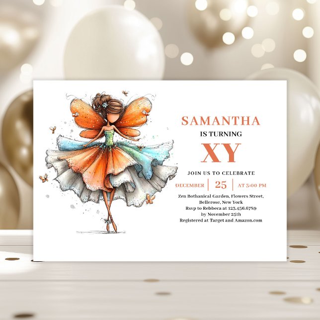 Convite Floral do 5º Aniversário da Menina Fada Fo (Cute Fairy Girl 5th Birthday Floral invitation)