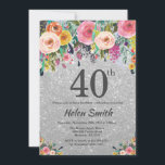 Convite floral do aniversário de 40 anos do brilho<br><div class="desc">Convite floral do aniversário de 40 anos do brilho de prata para mulheres. Flor floral da aguarela. Fundo de prata do brilho. Flor cor-de-rosa, amarela, alaranjada, roxa. Aniversário adulto. 13o 15o 16o 18o 20o 2ø 30o 40th 50th 60th 90 100th do 80 do 70, algumas idades. Para uma personalização mais...</div>