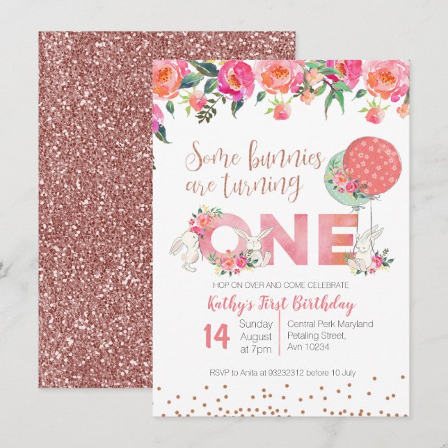 Convite floral do aniversário Dourado cor-de-rosa (Frente/Verso)