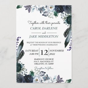 Convite floral do casamento do marinho da aguarela